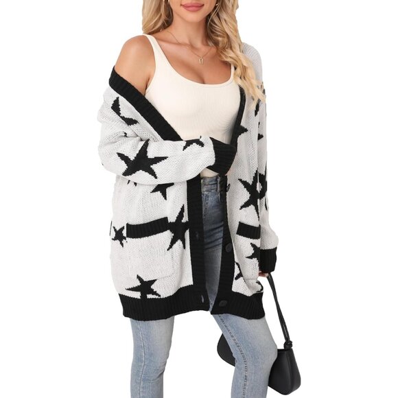 Women's Acrylic V-Neck Long Sleeve Bow Jacquard Knit Sweater Open Cardigan - Picture 2 of 6